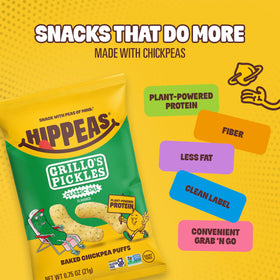 On-the-go HIPPEAS Dill Pickle puffs pack front for travel snacking