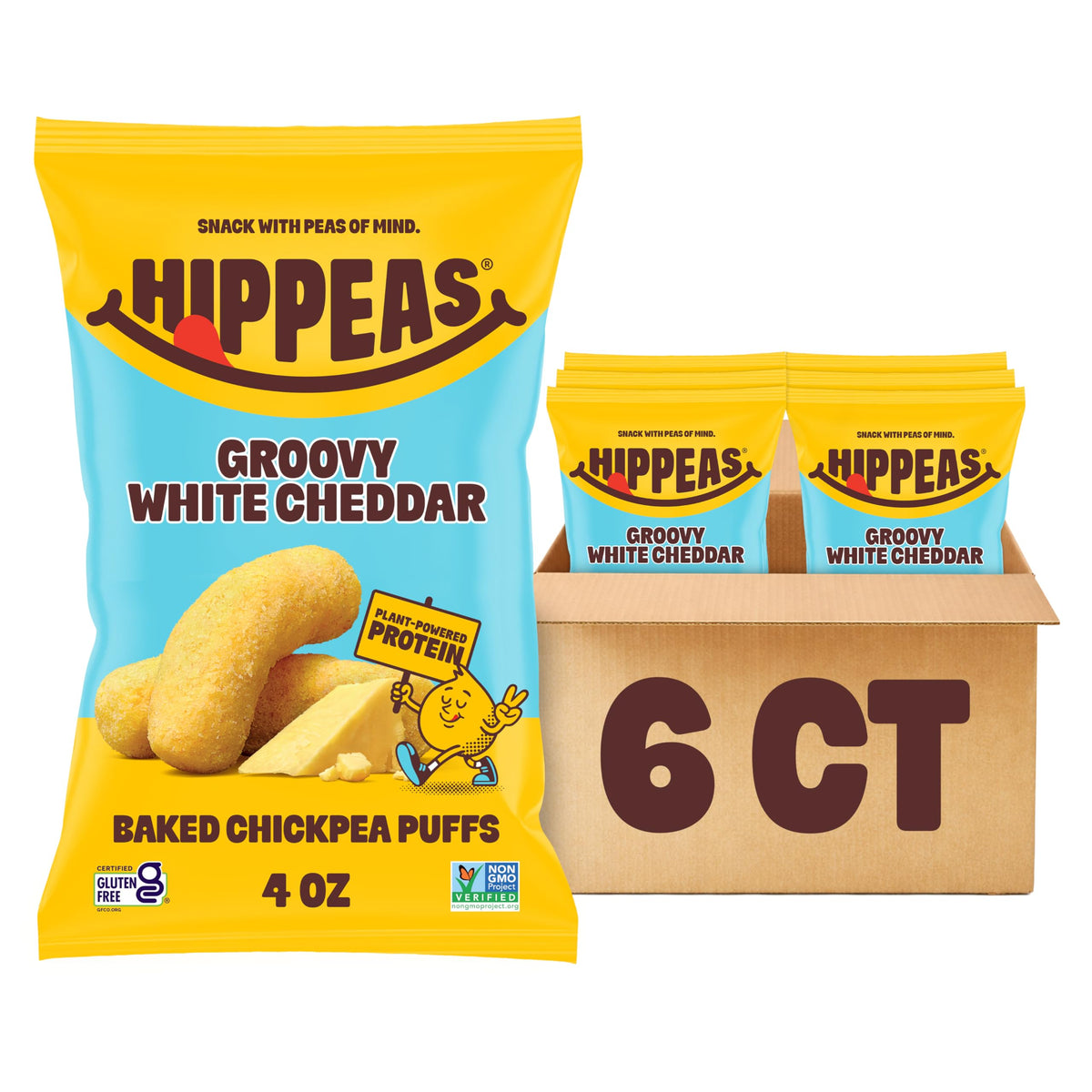 HIPPEAS Groovy White Cheddar puffs in a bowl, a crisp plant-based snack for movie night and beyond.