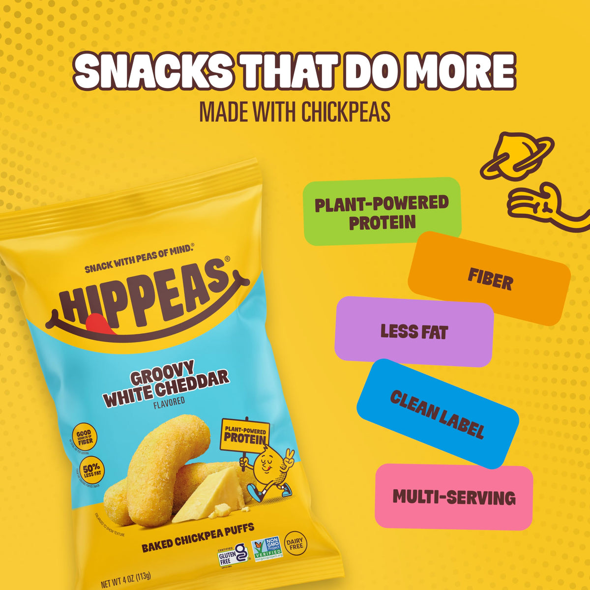 HIPPEAS Groovy White Cheddar puffs on-the-go, perfect for car rides and school lunches.