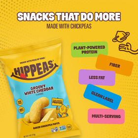 HIPPEAS Groovy White Cheddar puffs on-the-go, perfect for car rides and school lunches.