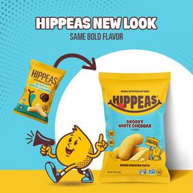 HIPPEAS Groovy White Cheddar puffs in six-pack, portable snack for lunchboxes and on-the-go.