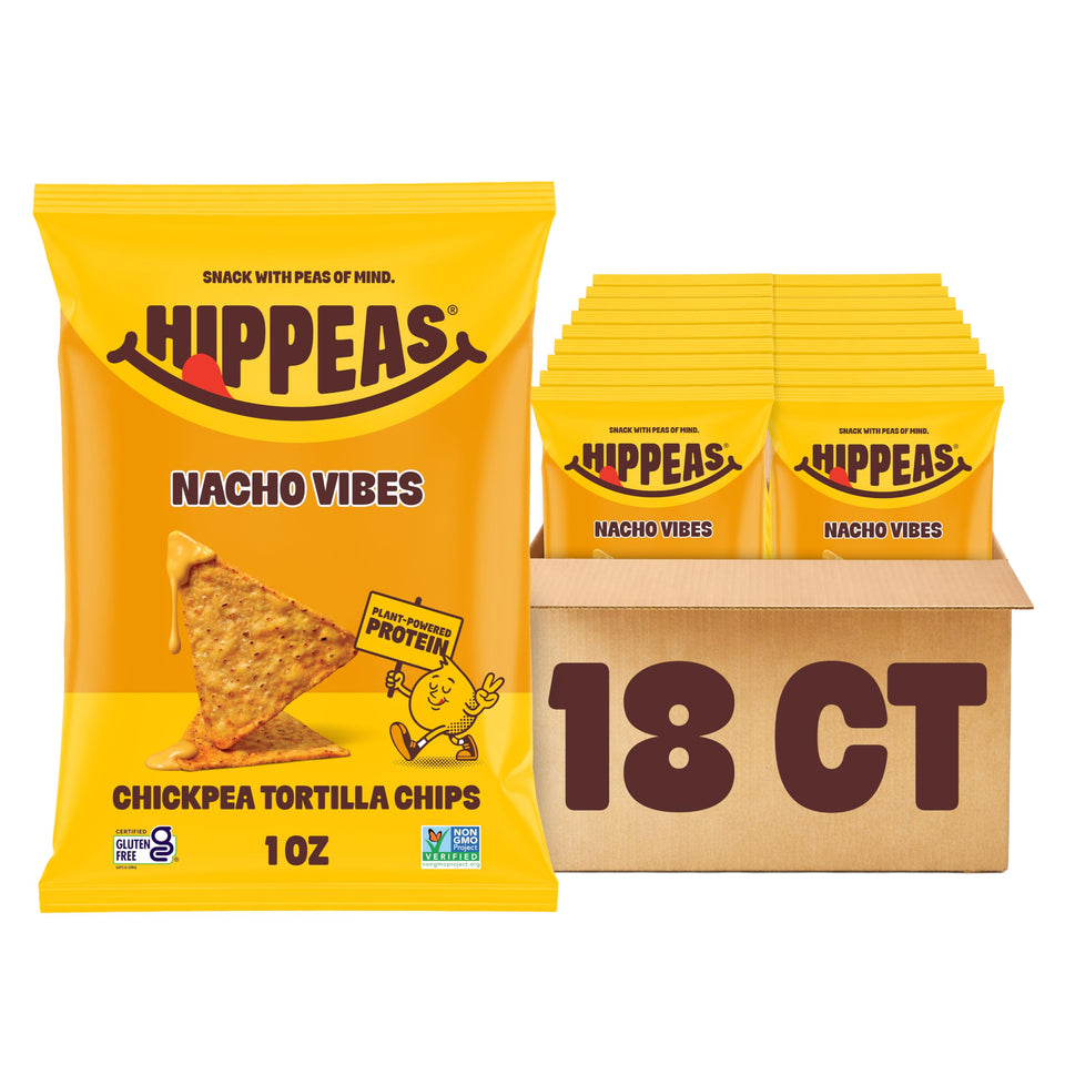 HIPPEAS Nacho Vibes packet shows bold plant-based flavor for on-the-go snacking