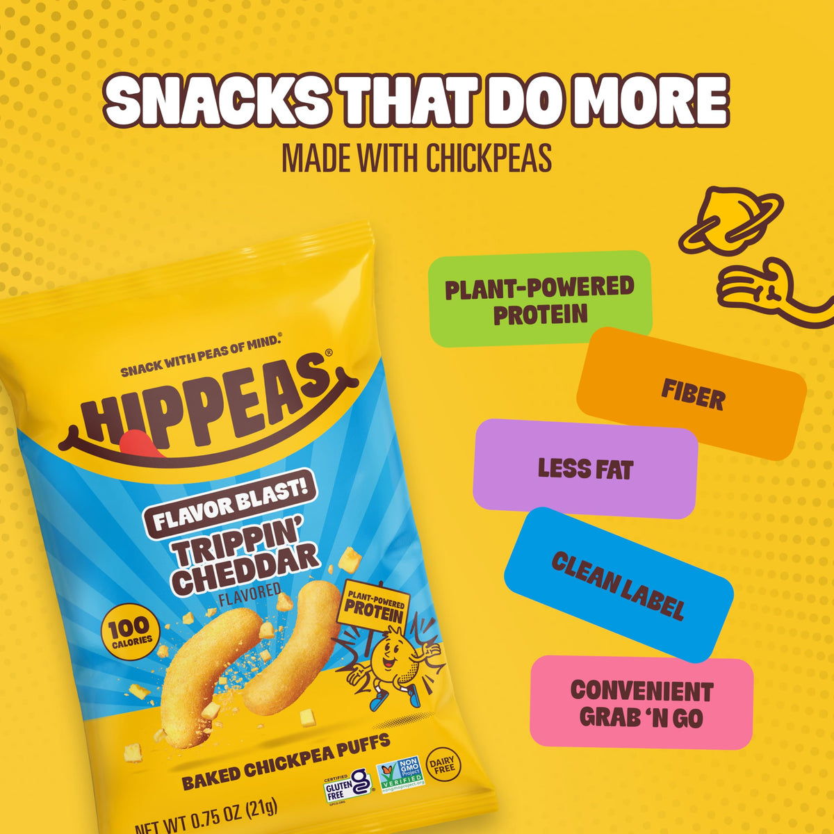 HIPPEAS pack-of-18 snack bags demonstrate convenient, portion-controlled plant protein snacking.