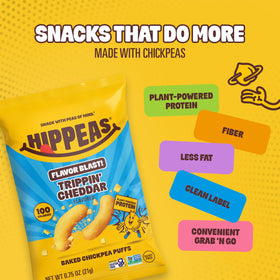 HIPPEAS pack-of-18 snack bags demonstrate convenient, portion-controlled plant protein snacking.