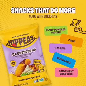 HIPPEAS Puffs crispy texture close-up conveys satisfying bite without dairy.