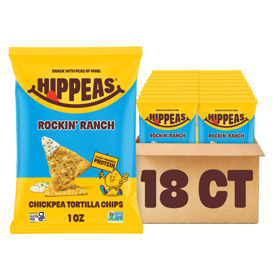 HIPPEAS Rockin’ Ranch chips in a bag front view, protein-packed snack for on-the-go energy.