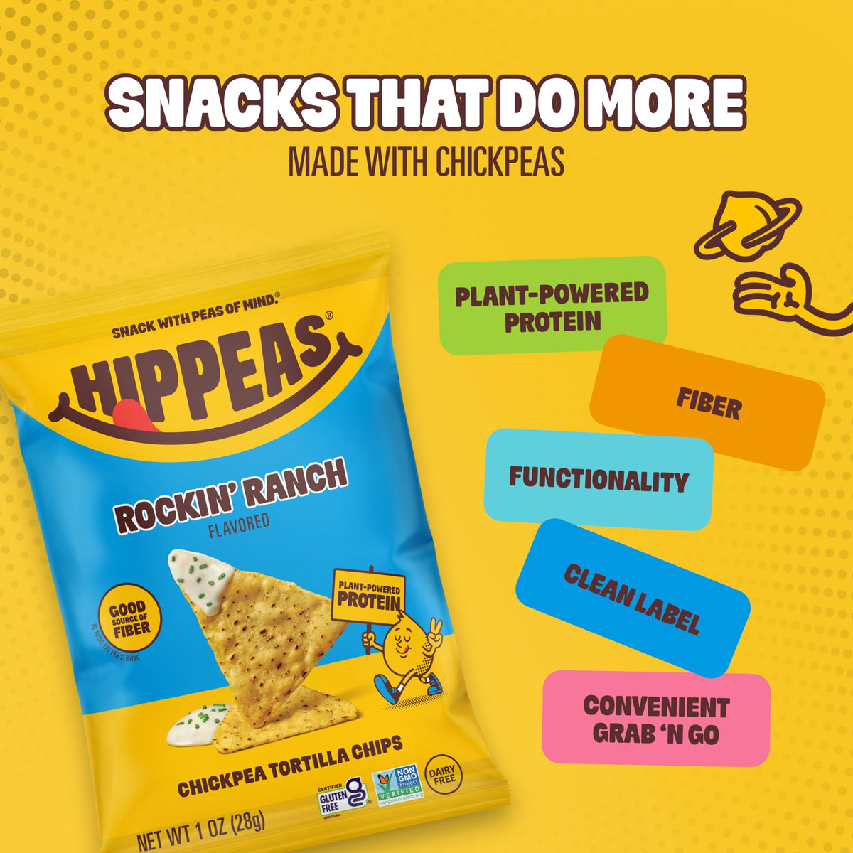 HIPPEAS Rockin’ Ranch chips with guacamole on the side for party trays.