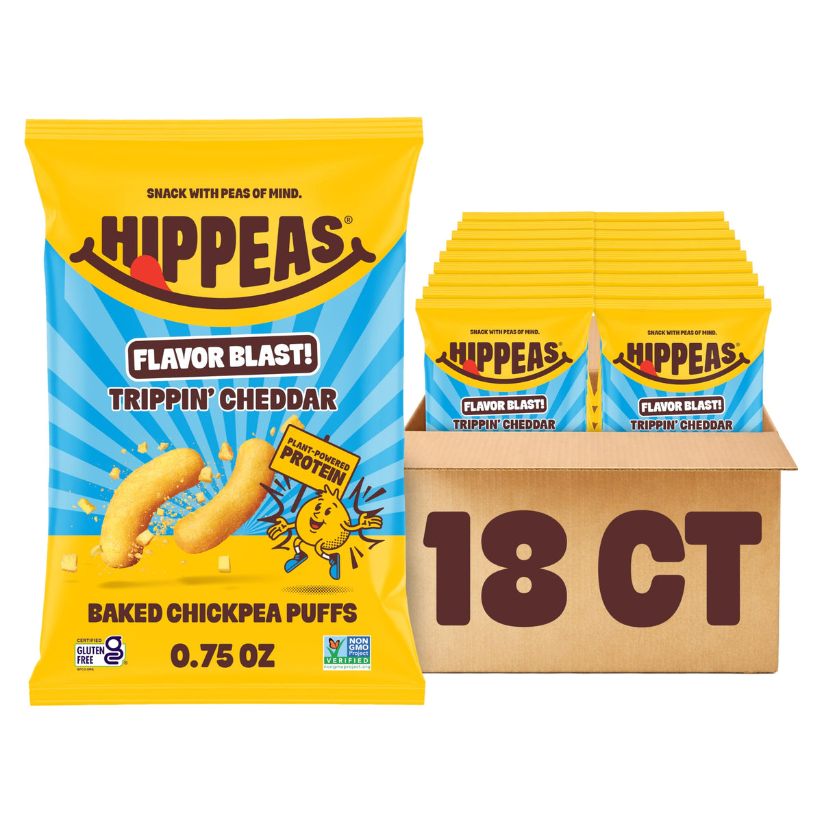 HIPPEAS White Cheddar Explosion pack front shows vegan, gluten-free crunchy chickpea puffs.