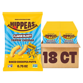 HIPPEAS White Cheddar Explosion pack front shows vegan, gluten-free crunchy chickpea puffs.