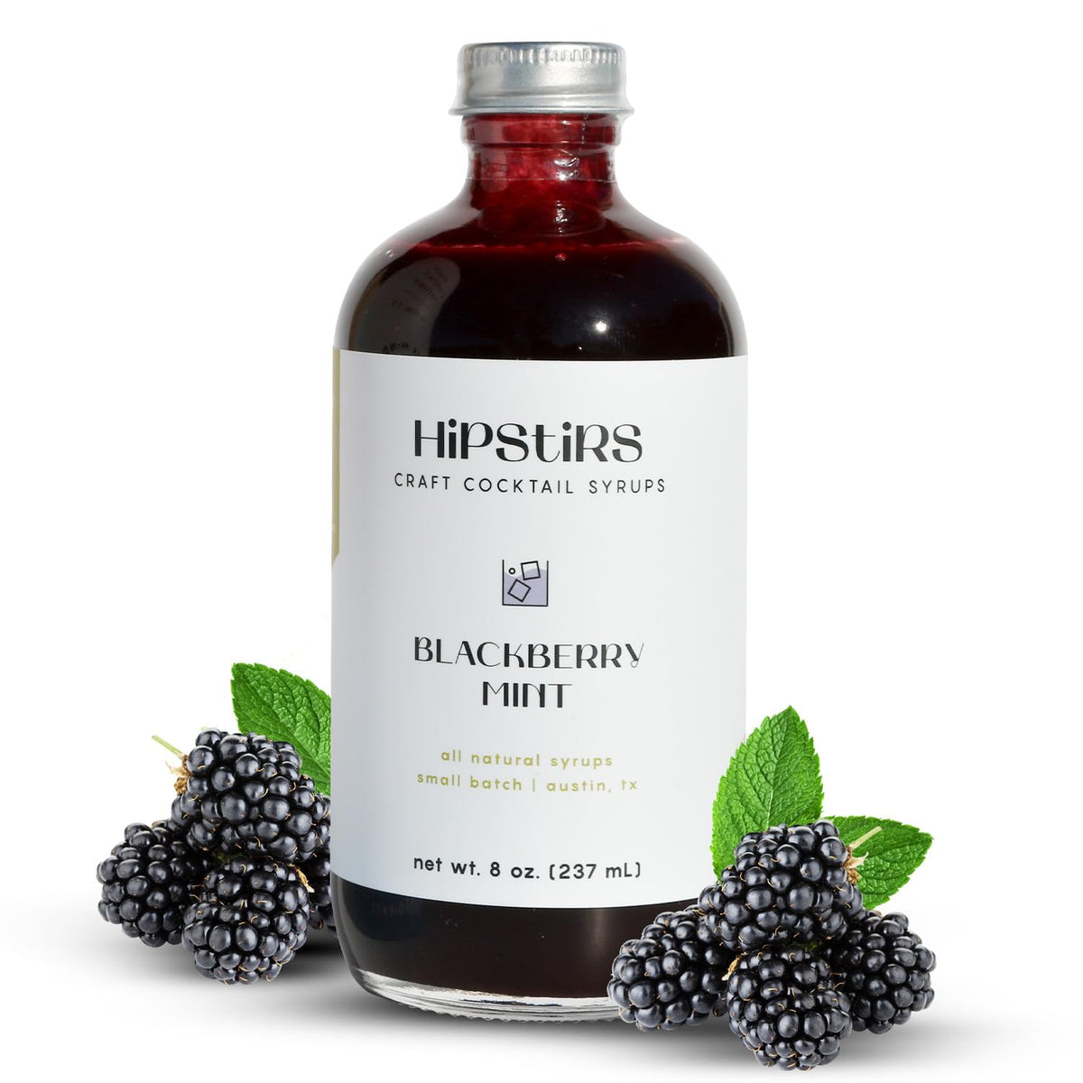 HipStirs blackberry mint syrup bottle close-up for cocktails