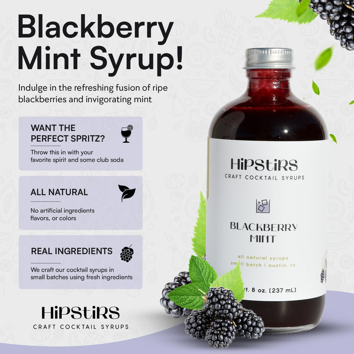 HipStirs blackberry mint syrup being poured into a glass for mojitos