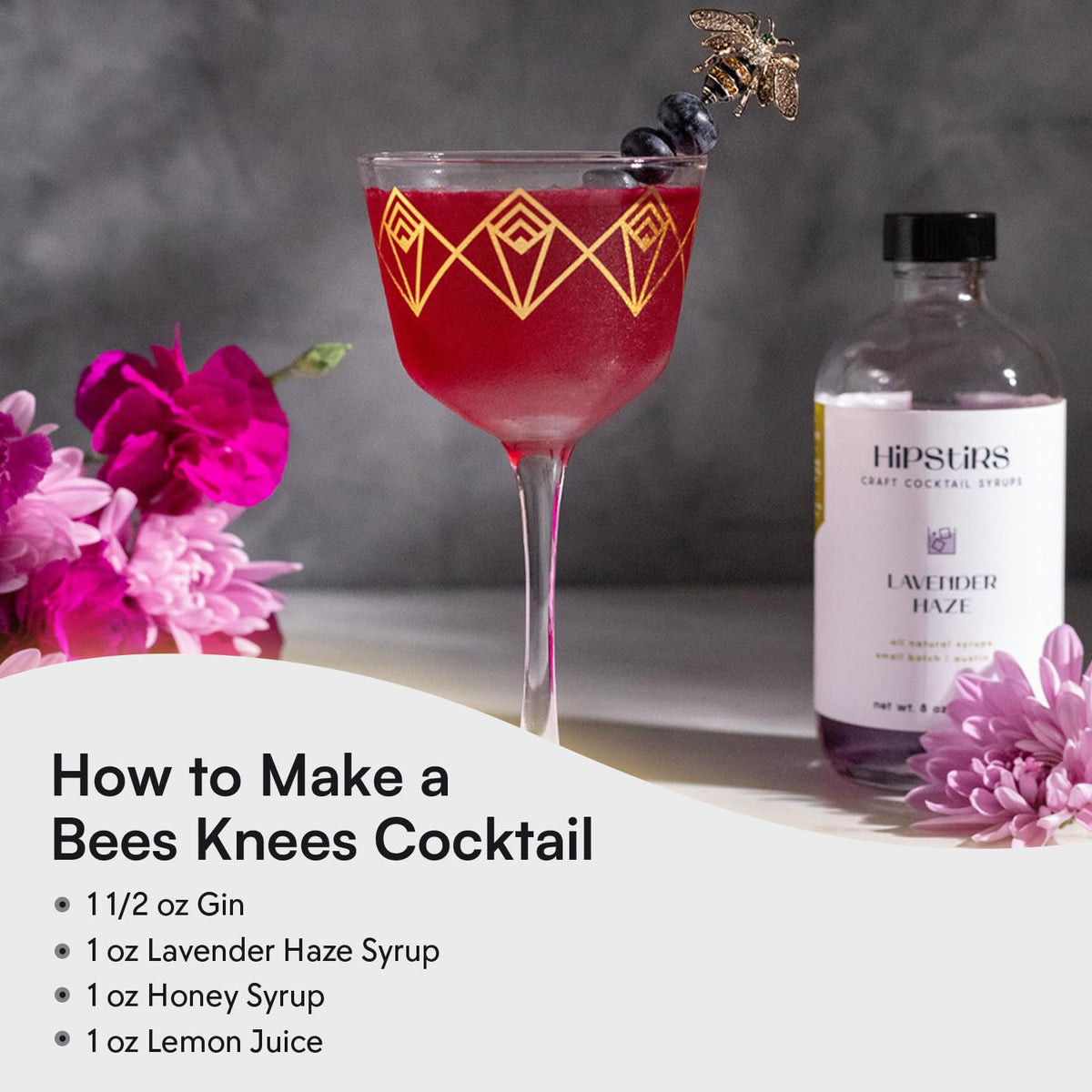 HipStirs Lavender Haze Syrup in a tall glass adds floral notes to tea.