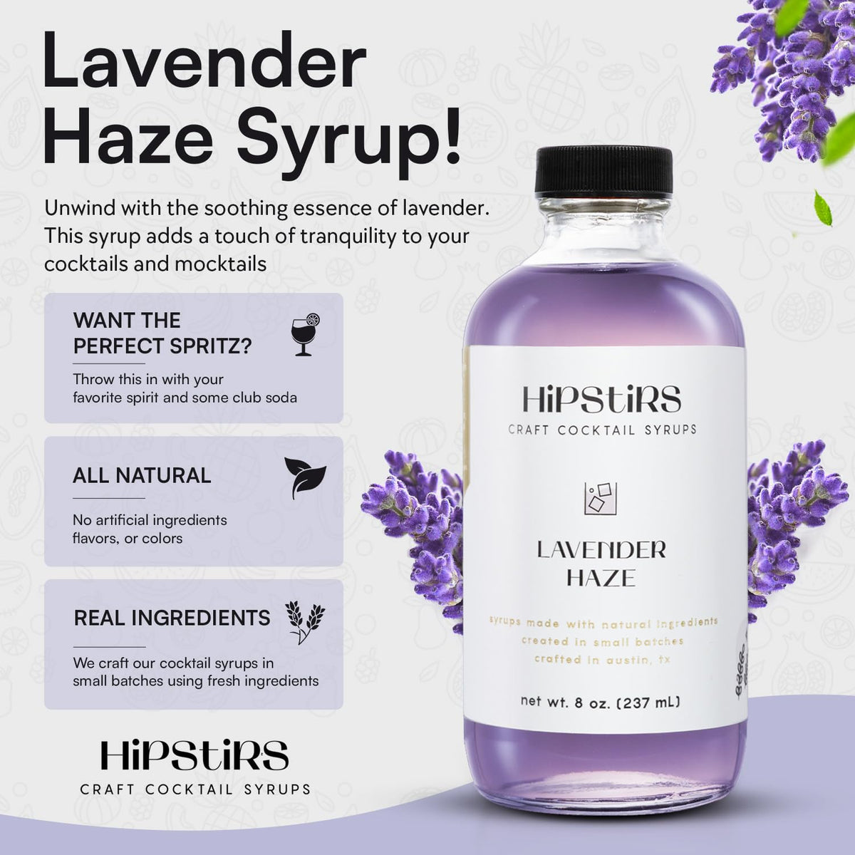Pour HipStirs Lavender Haze Syrup into a glass for easy cocktails.