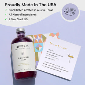 HipStirs Lavender Haze Syrup shelf-stable bottle emphasizes pantry-friendly convenience.