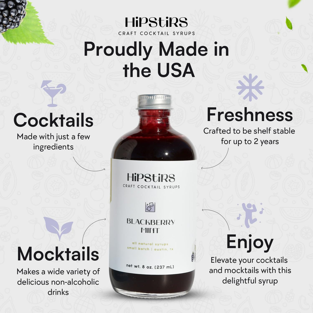 HipStirs syrup label close-up highlighting real ingredients