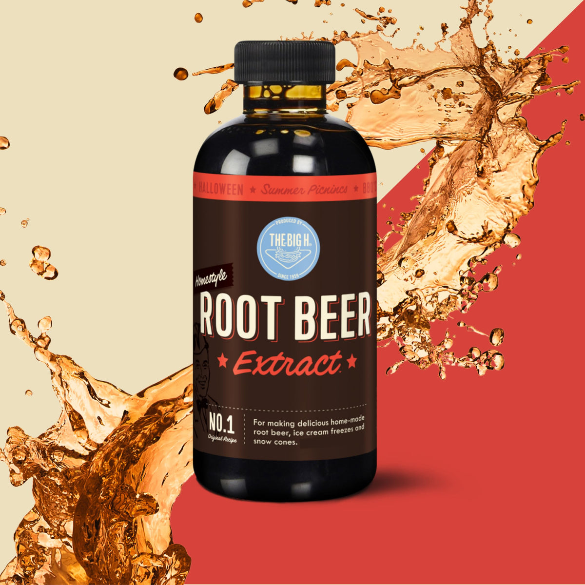 Pouring Hires Big H extract to craft fresh root beer at home