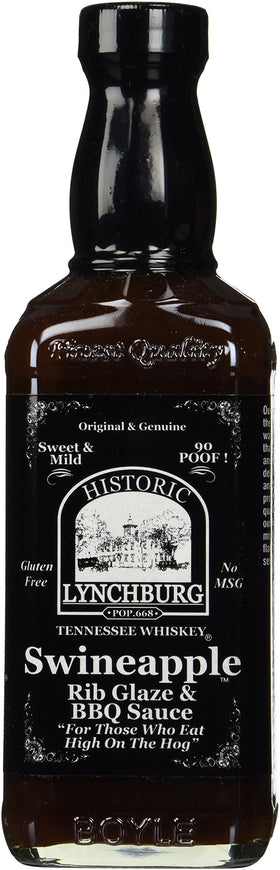 Historic Lynchburg Swineapple rib glaze bottle pour adds rich pork flavor and whiskey notes.
