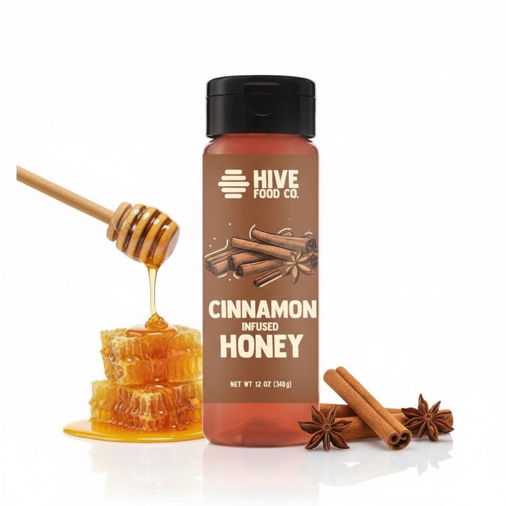 HIVE Food Co. infused honey cinnamon bottle front for versatile flavor enhancement.