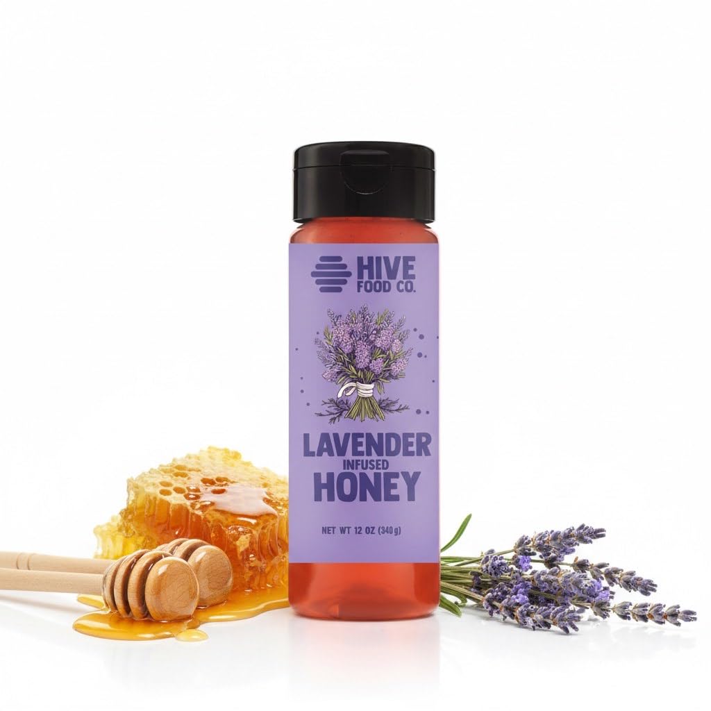 HIVE Food Co. Lavender-infused honey bottle pour for tea and toast.