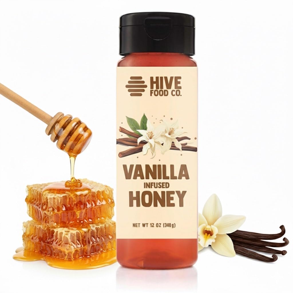 HIVE Food Co infused vanilla honey bottle, ideal for desserts