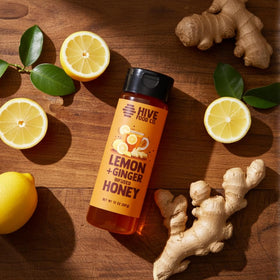 HIVE Infused Honey Lemon + Ginger label close-up shows natural ingredients