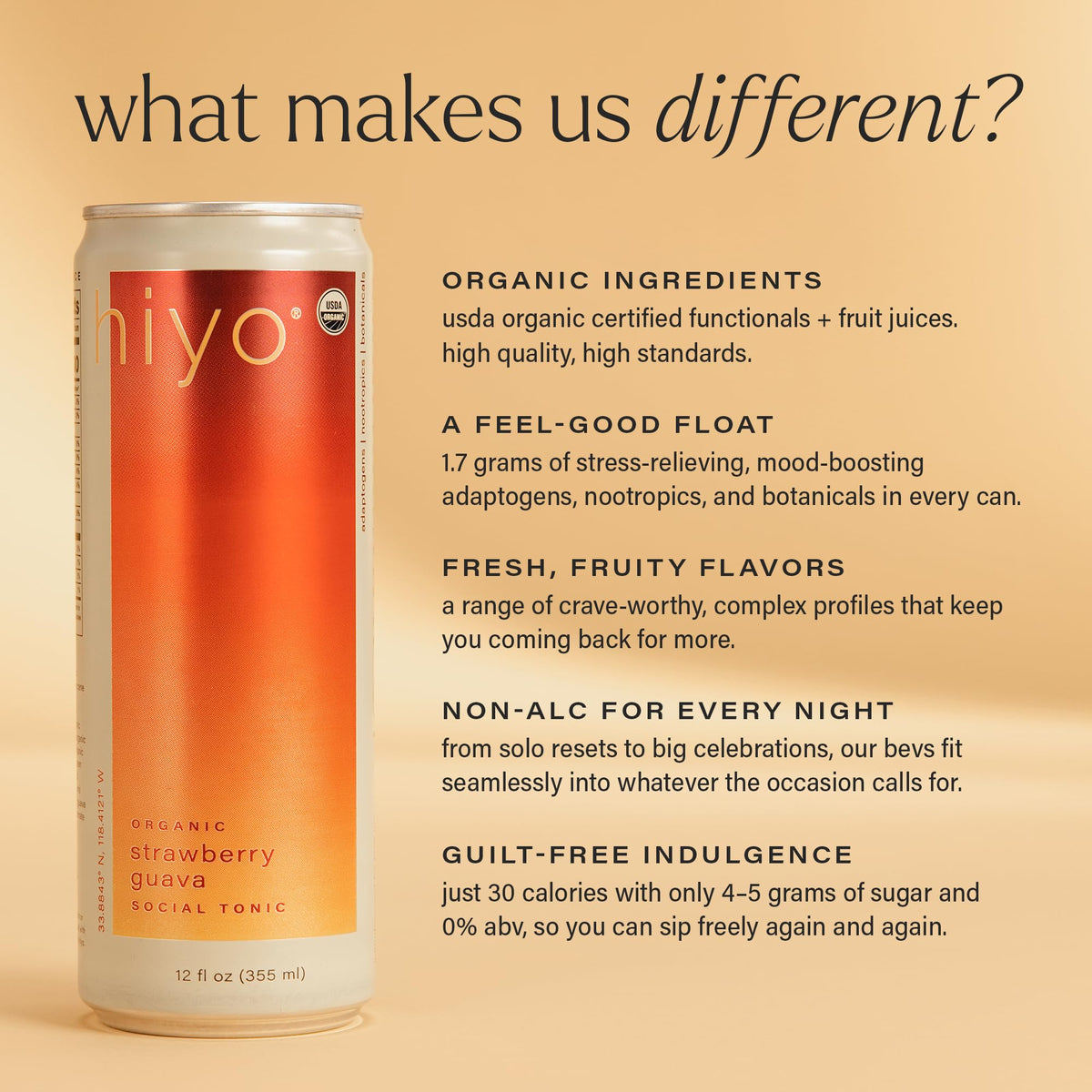 HIYO Organic Social Tonic calories and sugar info emphasizes a lighter, 0% ABV option.