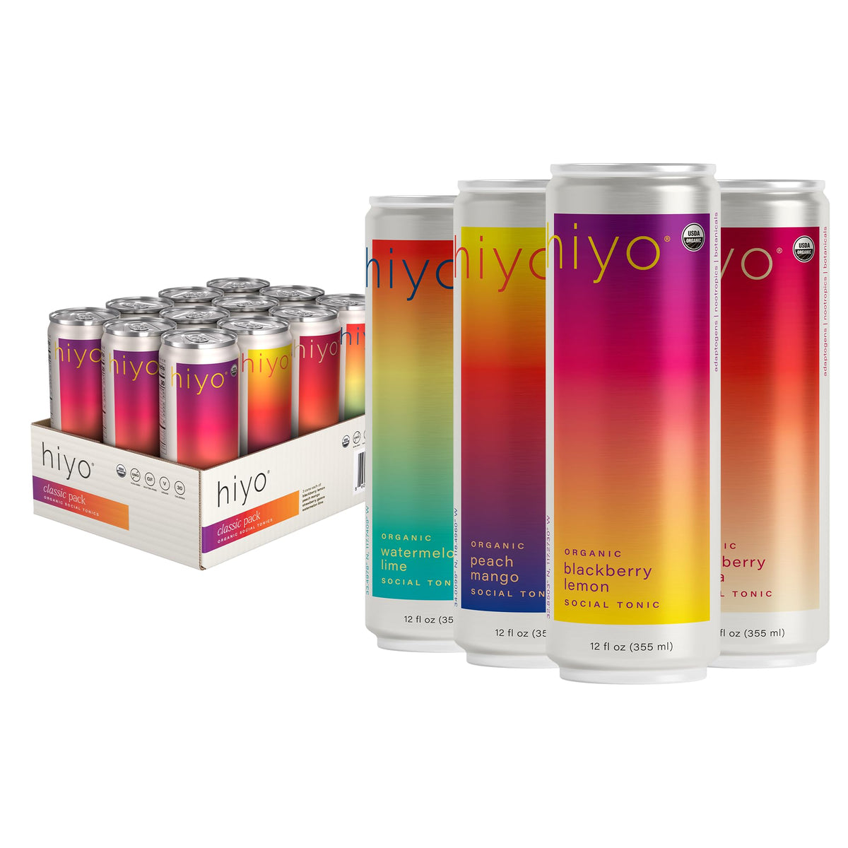 HIYO Organic Social Tonic can front with blackberry lemon for a refreshing pick-me-up.