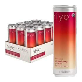 HIYO Organic Social Tonic strawberry guava bottle shows vibrant flavor and uplifting notes.
