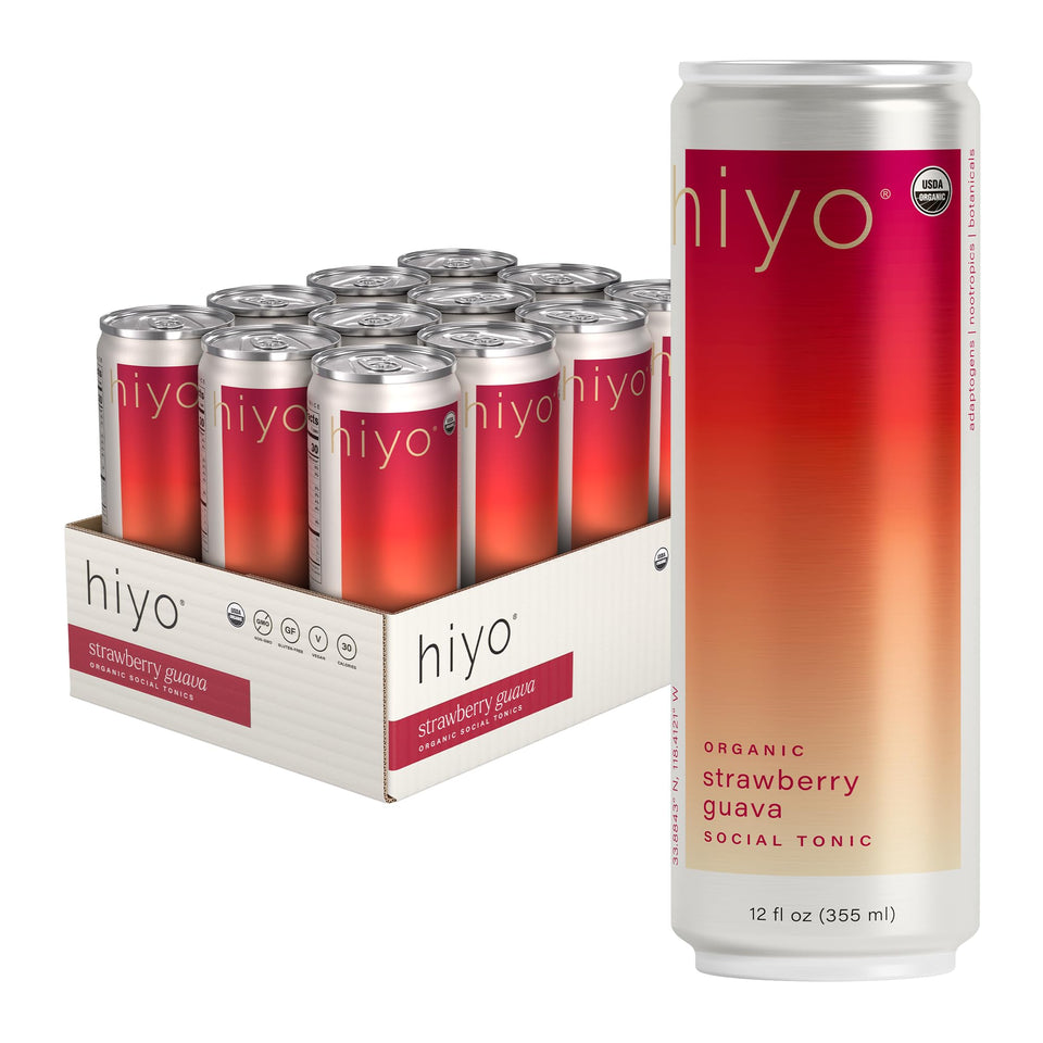 HIYO Organic Social Tonic strawberry guava bottle shows vibrant flavor and uplifting notes.