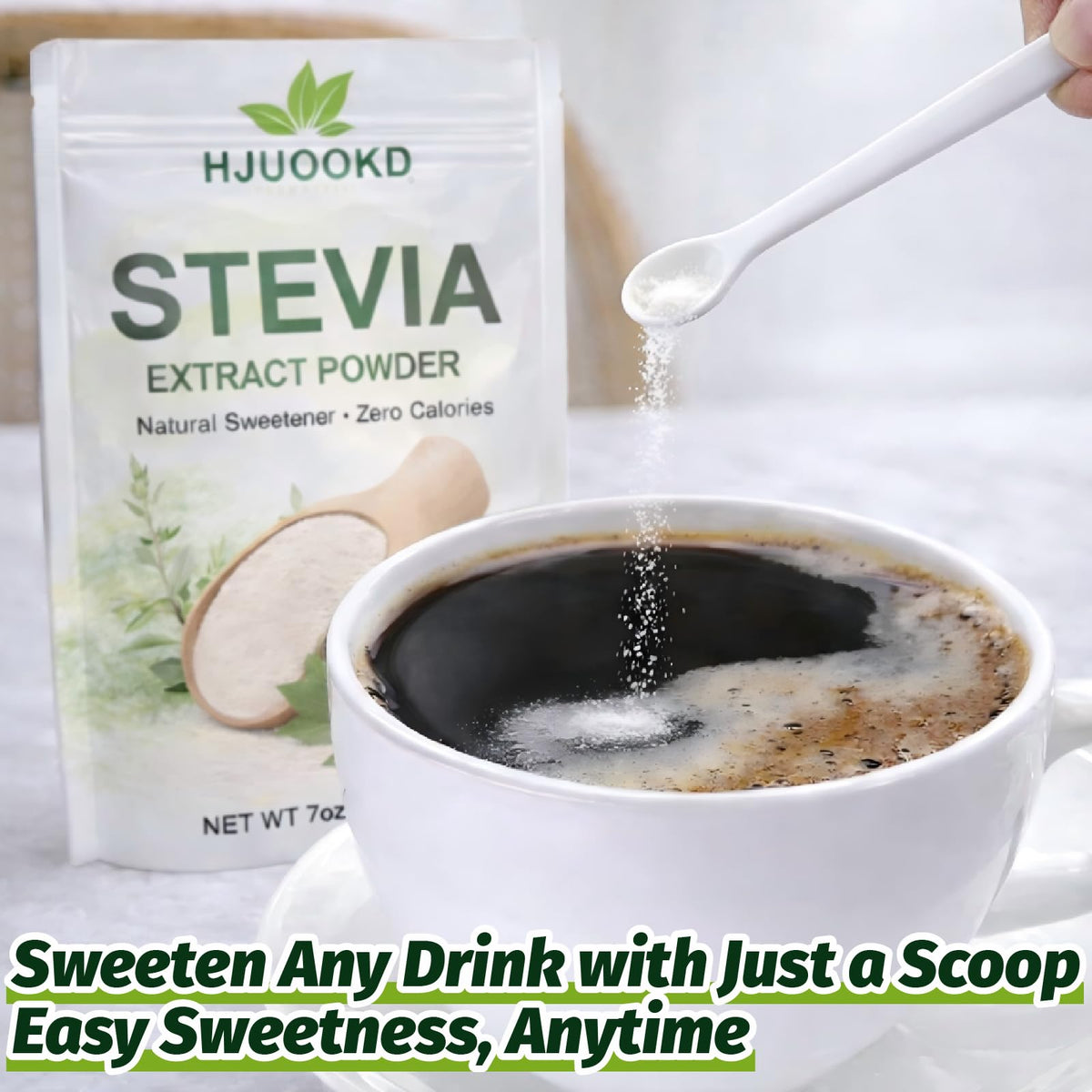 HJUOOKD stevia powder dissolves quickly in beverages for subtle sweetness.