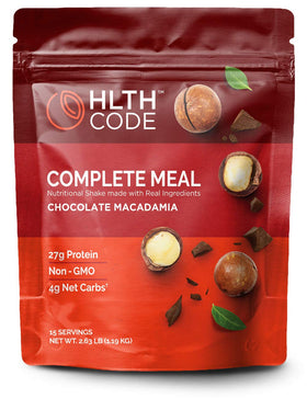 HLTH CODE Complete Meal Replacement Shake bottle with chocolate macadamia flavor for on-the-go nourishment