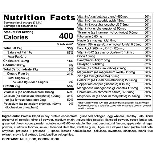 HLTH CODE Complete Meal Replacement Shake tub showing powder texture for high-protein, low-carb meals