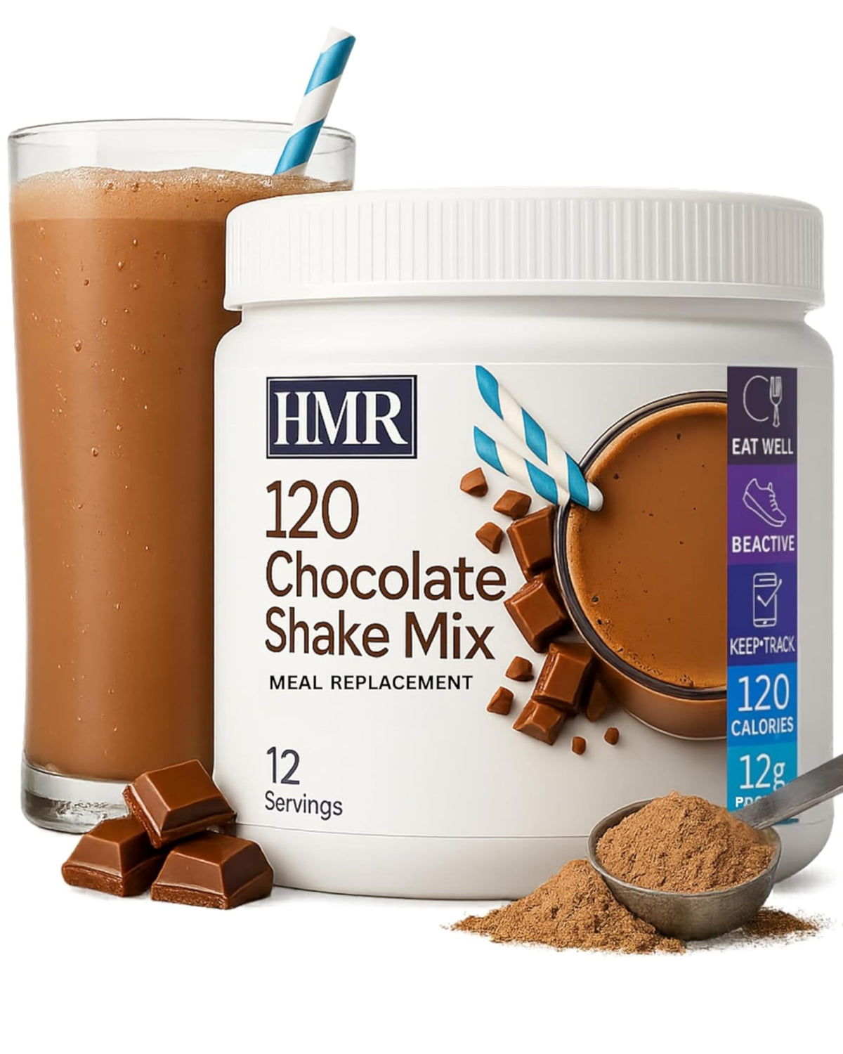 HMR 120 Chocolate Shake Powder tub showing it as a low-calorie meal replacement option.