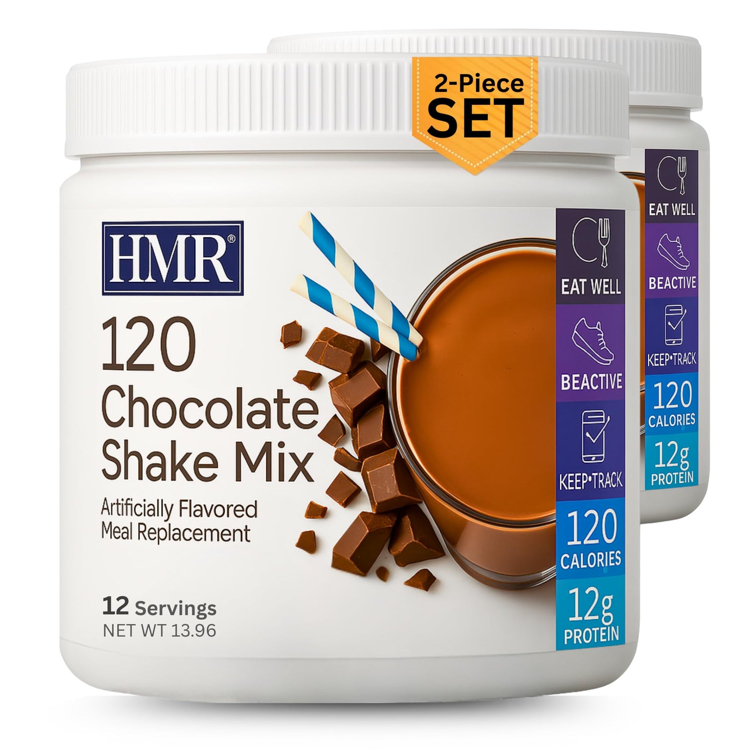 HMR 120 Shake chocolate canister showcases convenient meal replacement.