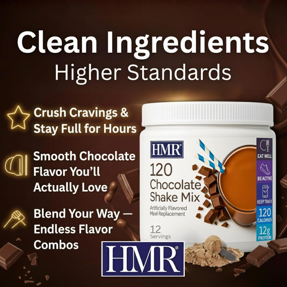 Close-up of ingredients label on HMR 120 Shake chocolate.