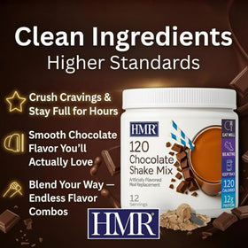 Close-up of ingredients label on HMR 120 Shake chocolate.