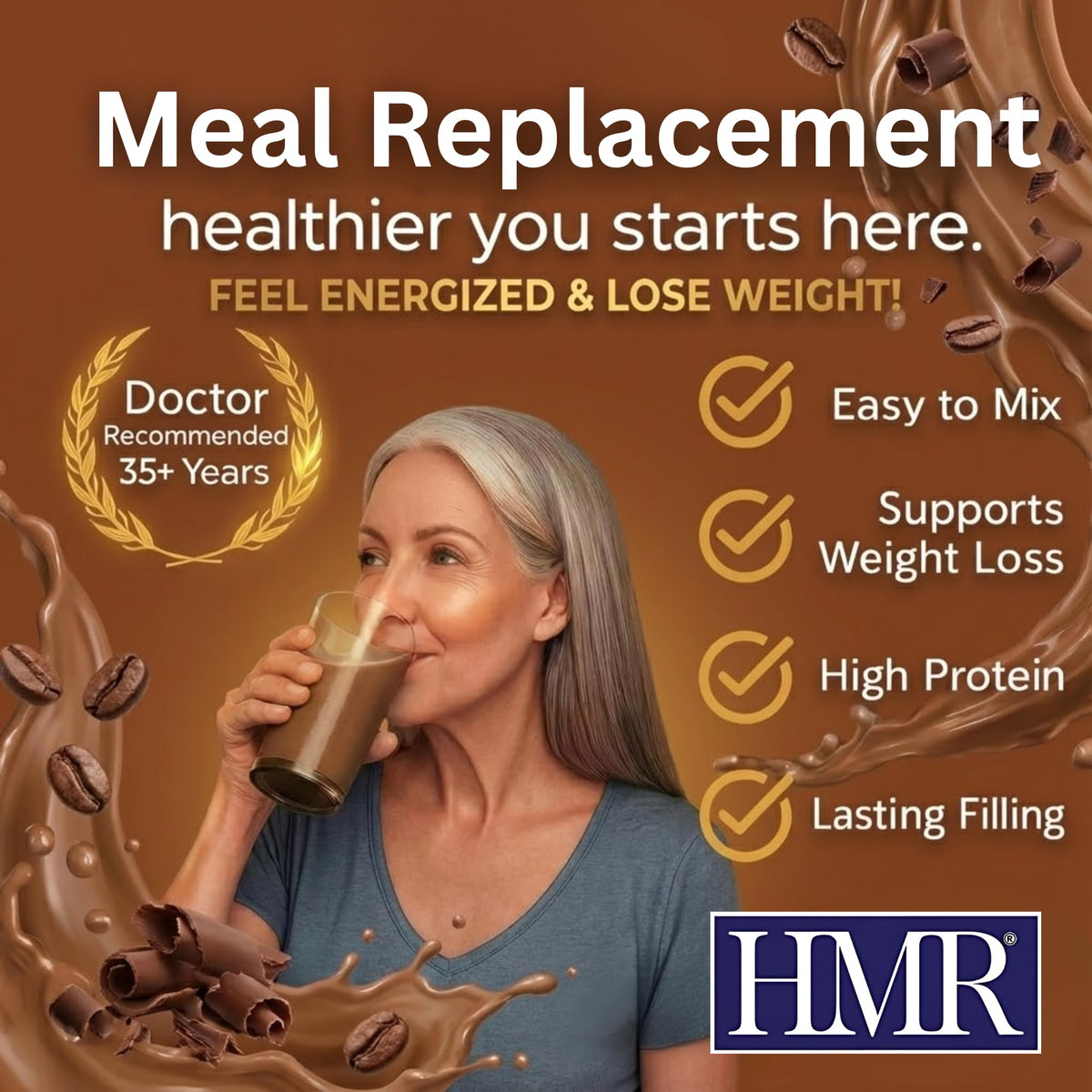 HMR 120 Mocha shake blended with ice in a glass for a creamy texture.