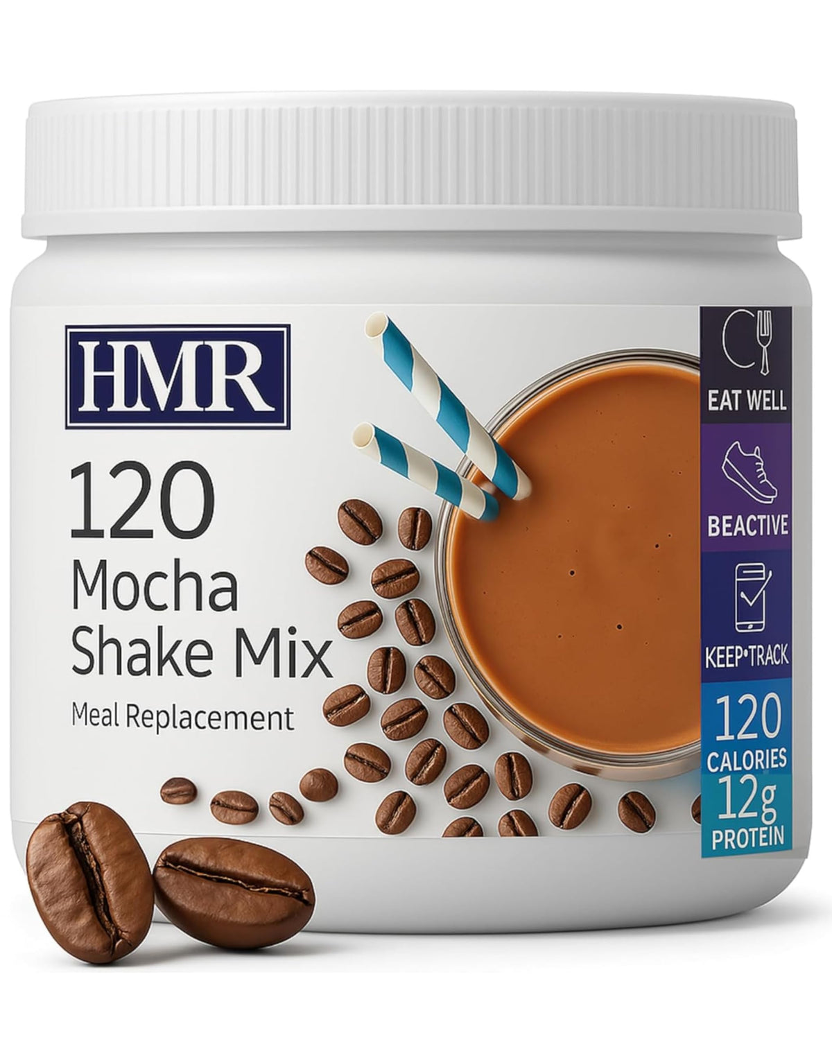 HMR 120 Mocha shake powder front view, convenient on-the-go meal replacement.