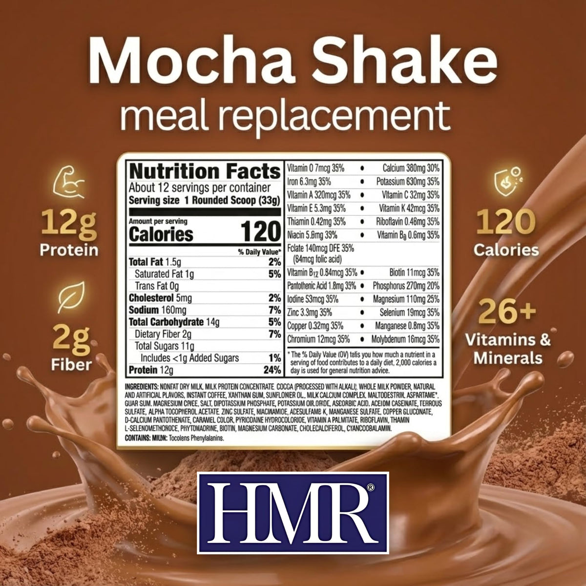 HMR 120 Mocha powder close-up, rich flavor for satisfying low-calorie meals.