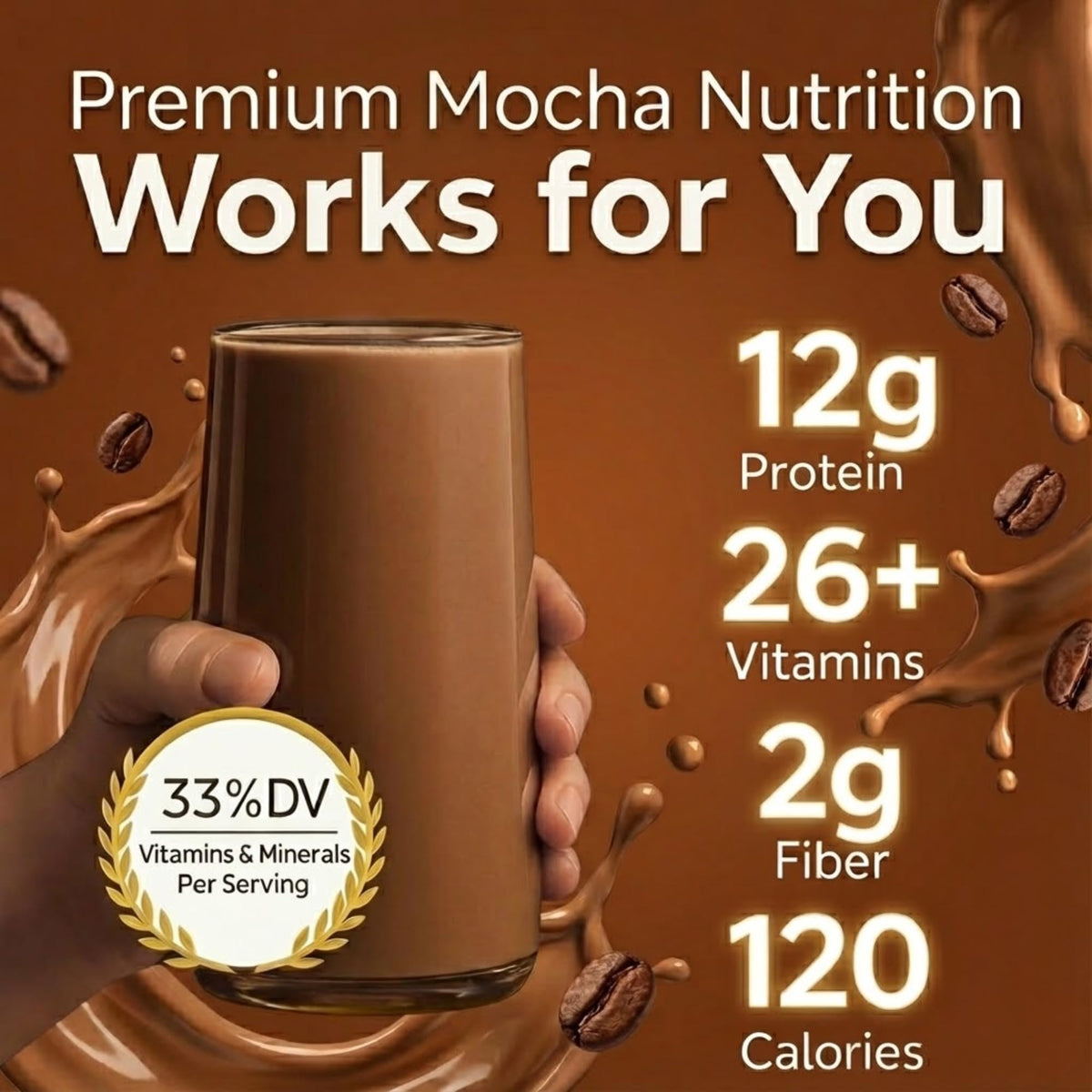 HMR 120 Mocha scoop measure showing easy portioning for quick shakes.