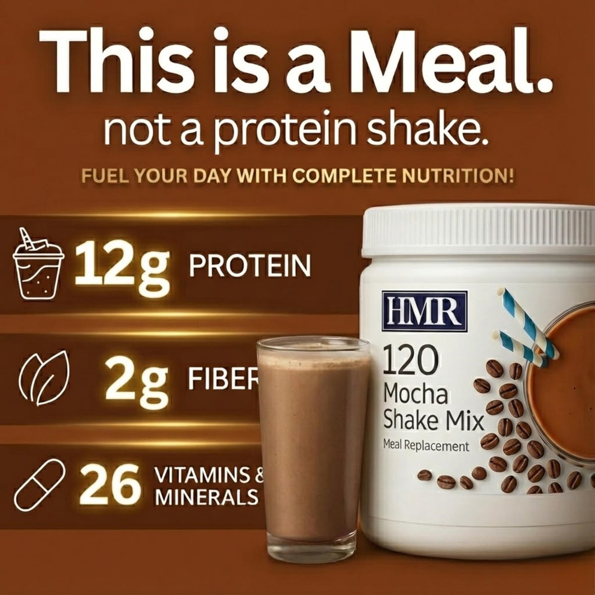 HMR 120 Mocha shake served with fruit for customizable flavor.