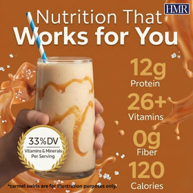 HMR 120 Shake nutrition panel highlights vitamins, minerals, and protein per serving.