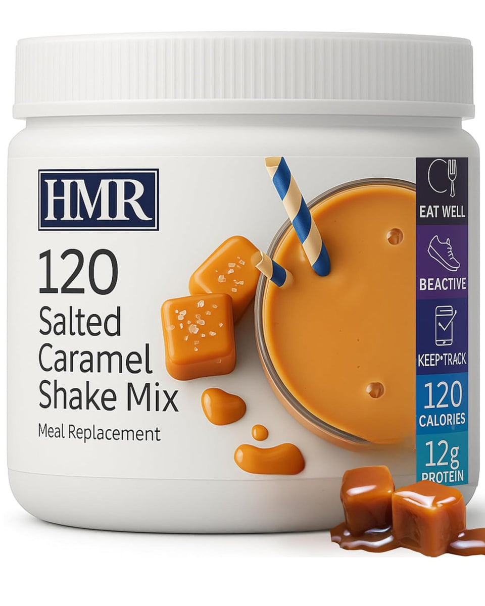 HMR 120 Shake package front showing salted caramel flavor and quick meal replacement option.