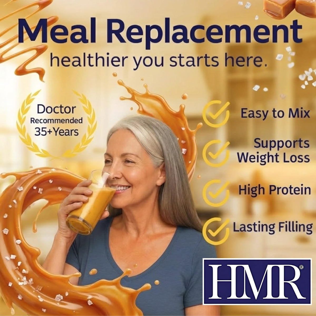 HMR 120 Shake salted caramel powder ready to mix into smoothies or coffee.