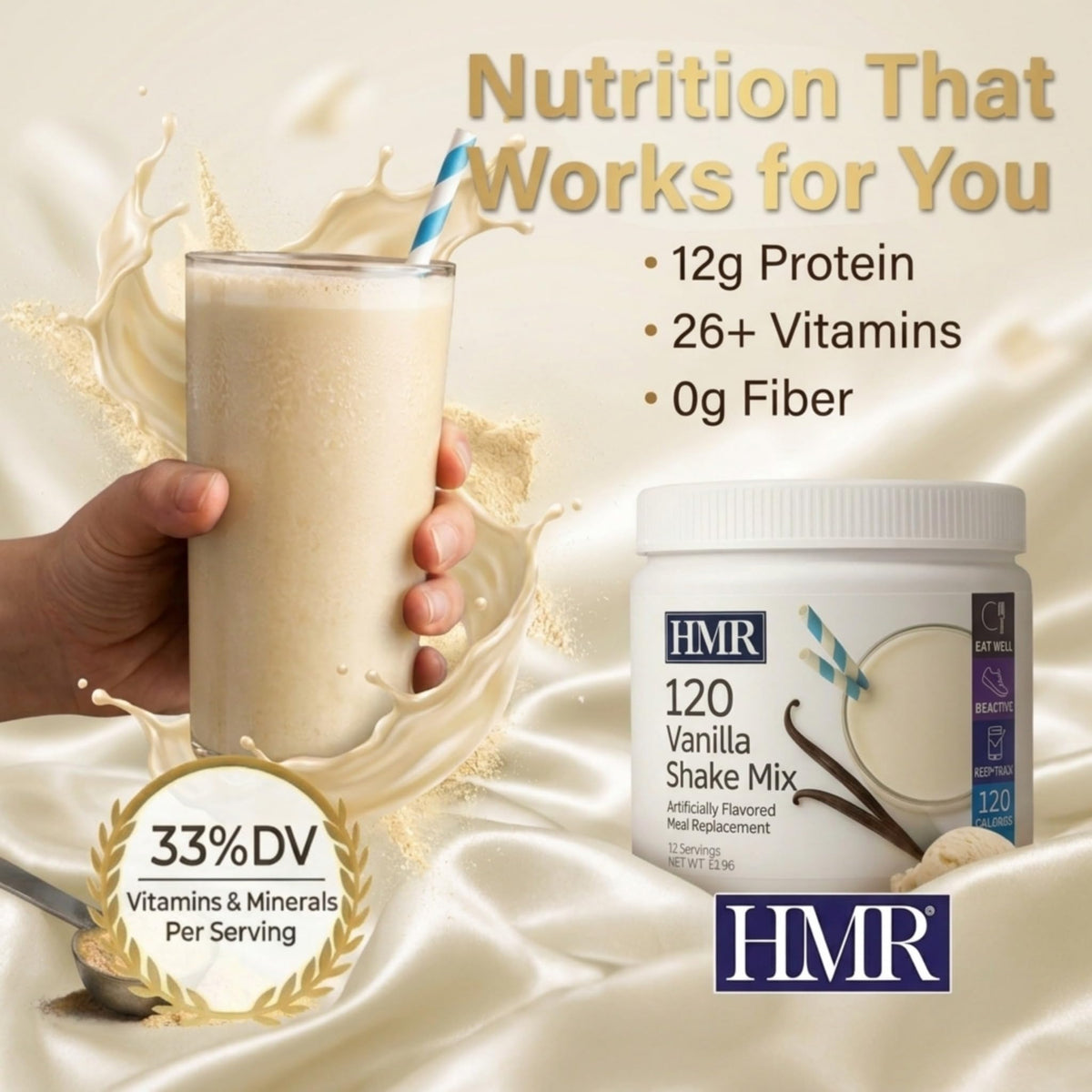 HMR 120 Vanilla Shake powder with scoop for portion control.