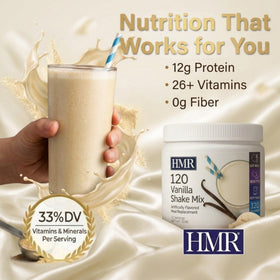 HMR 120 Vanilla Shake powder with scoop for portion control.