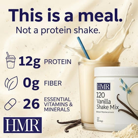 HMR 120 Vanilla Shake canister-front, showing convenient, portion-controlled nutrition.