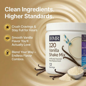 HMR 120 Vanilla Shake ready-to-mix powder on kitchen counter.