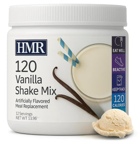 HMR 120 Vanilla Shake powder beside fresh fruit add-ins.