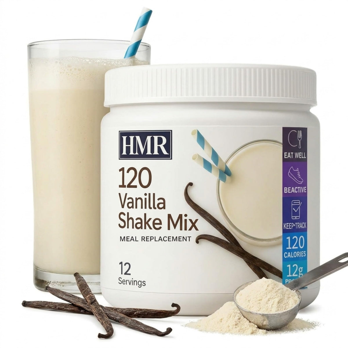 HMR 120 Vanilla Shake packaging highlights convenient meal replacement for on-the-go weight management.